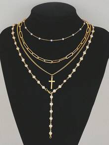 4件套时尚简约优雅十字架和仿珍珠Y字项链叠戴套装，适合度假、约会、派对、舞会、节日、生日礼物、日常佩戴 - 金黃色 - 查看 4