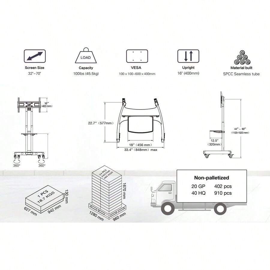 TV Stand Height Adjustable Trolley 32'' -75Inch TV Screen Size, Steel Floor Monitor Stand With Wheels, Mobi... - B0091MEPSG - View 1