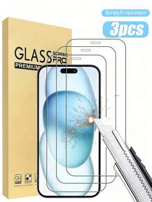 3片装全屏钢化玻璃屏幕保护膜，触控灵敏，防裂、防指纹、防气泡、防刮花，兼容 17、15、15 Pro、15 Plus、15 Pro Max、16 Pro Max、16、16 Plus、16 Pro、14 Pro Max、14、14 Plus、14 Pro、13 Pro Max、13、13 Pro、12、11、XR、XS、XS Max、6/7/8 Plus等机型。钢化玻璃材质，防护力强，经久耐用，适用于各种手机壳。