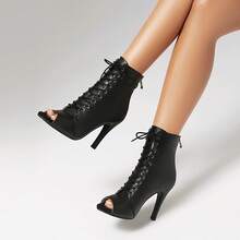 Botas femininas de salto alto de 9,5 cm para dança jazz/moderna, bico aberto, cadarço, zíper traseiro, sola listrada, salto fino, adequadas para festas e bailes. Disponíveis em preto e marrom, adequadas para todas as estações. - Preto fosco - Ver 6