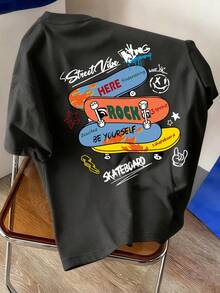 1 件青少年男孩深灰色滑板印花短袖套头 T 恤，适合年轻学生，青少年男孩夏季上衣