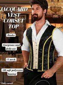 Mens Corset Vest, Victorian Floral Lace Up Waistcoat, Formal Sleeveless Steampunk Tops, Satin Style, Vintage Fashion, Gothic Appeal - 黑色勃根地花卉 - 查看 7