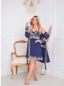 Camisola Amamentação com Robe Gestante Pós Parto de Luxo, Saída de Maternidade - Azul Marinho - Visão 5