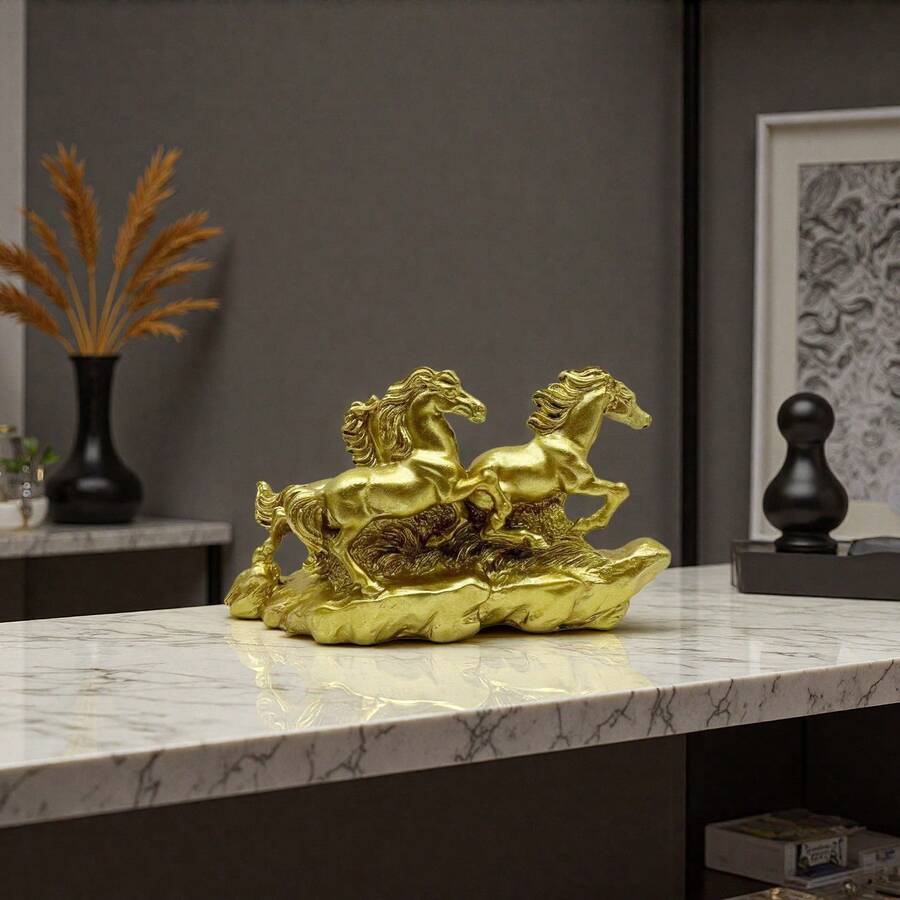 1pc Resin Three Horses Statue Decor, Feng Shui Wealth Figurine For Home, Entryway, Wine Cabinet, Office Desk