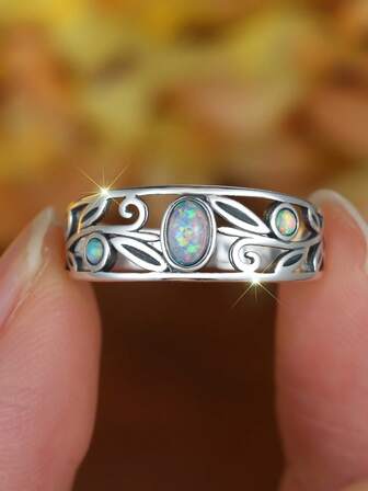 1 pieza Anillo de plata esterlina S925 vintage, marco ovalado con centro de ópalo blanco australiano redondo, joyería celestial de inspiración retro para mujeres, regalo de aniversario perfecto.