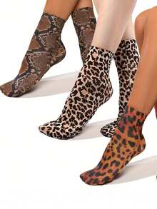 3双豹纹、蛇纹和虎纹蕾丝女袜，时尚透气，柔软舒适，适合女士夏季性感穿搭 - 彩色 - 查看 2