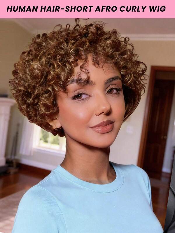 Pixie Cut Wig Human Hair 6 Inch Short Curly Wigs None Lace Front Human Hair Wigs With Bangs 180% Density Machine Made Pixie Cut Curly Wave Wigs 100% Human Hair Wig For Women Blonde Color Human Hair