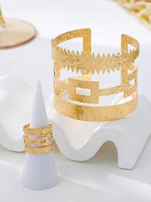 个性十足、霸气十足、嘻哈风、休闲时尚、创意简约手镯戒指套装 - 不含礼盒 - 金黃色 - 查看 4