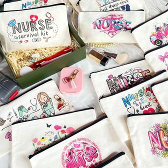 1/5/10pcs Christmas & New Year Nurse's Day Essential Themed Makeup Bag, Multipurpose Toiletry Pouch, Storage Bag, Gift Bag, Pen Bag, Snack Candy Bag, Gift Packaging Bag, Nursing School Student Supply Organizer, Available In Multiple Sizes,Gifts For Women,Christmas Gifts,Gift Ideas For Women