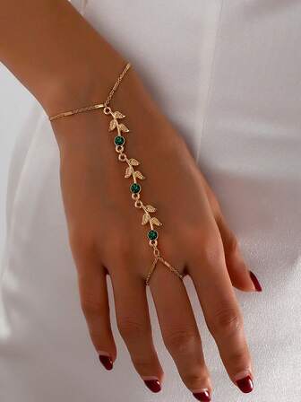 1件时尚优雅首饰，金属叶片和绿色宝石指链手链，女士款，适合日常佩戴、舞会、街头、家庭聚会，可作为送给妈妈、女朋友、婚礼、订婚的礼物，奢华首饰。