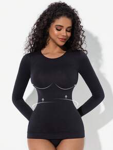 Women's Seamless Long Sleeve Sports Underwear Top, Round Neck Design, Lightweight Thermal Undershirt For Summer Air Conditioning - Black - View 7