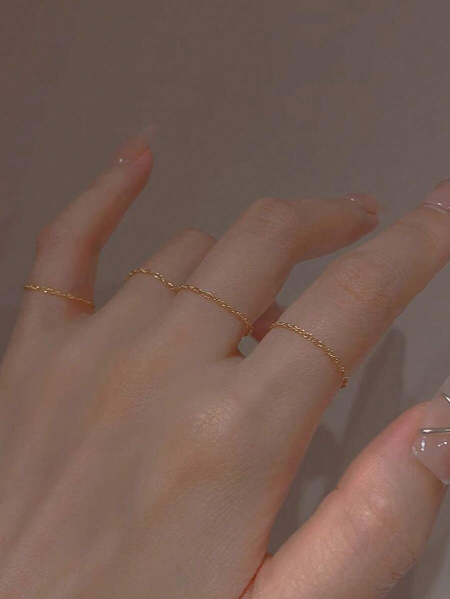 Nooxian 4pcs Stainless Steel Ultra-Thin Chain Rings For Women, Daily Wear - Yellow Gold - View 1