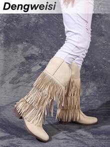 Beige Three-Layer Fringe Slip-On Chunky Low Heel Round Toe New Elegant Versatile Commute Daily Fashion Mid-Calf Boots, Western Boots - Beige - View 4
