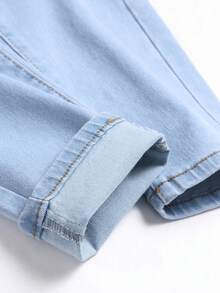 Jeans de mezclilla elástica, jeans ajustados rectos de uso diario para hombres, tela de algodón con bolsillos en ángulo, estilo versátil - Celeste - Ver 6