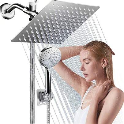 Cabezal de Ducha de lluvia Cuadrado Brazo de Ducha Plegable Ultrafino de 8 Pulgadas Desviador de 3 Velocidades Manguera de 150 cm Rociador de Mano de 5 Funciones Brazo Plegable de Aleación de Zinc Juego de Cabezal de Ducha Cuadrado