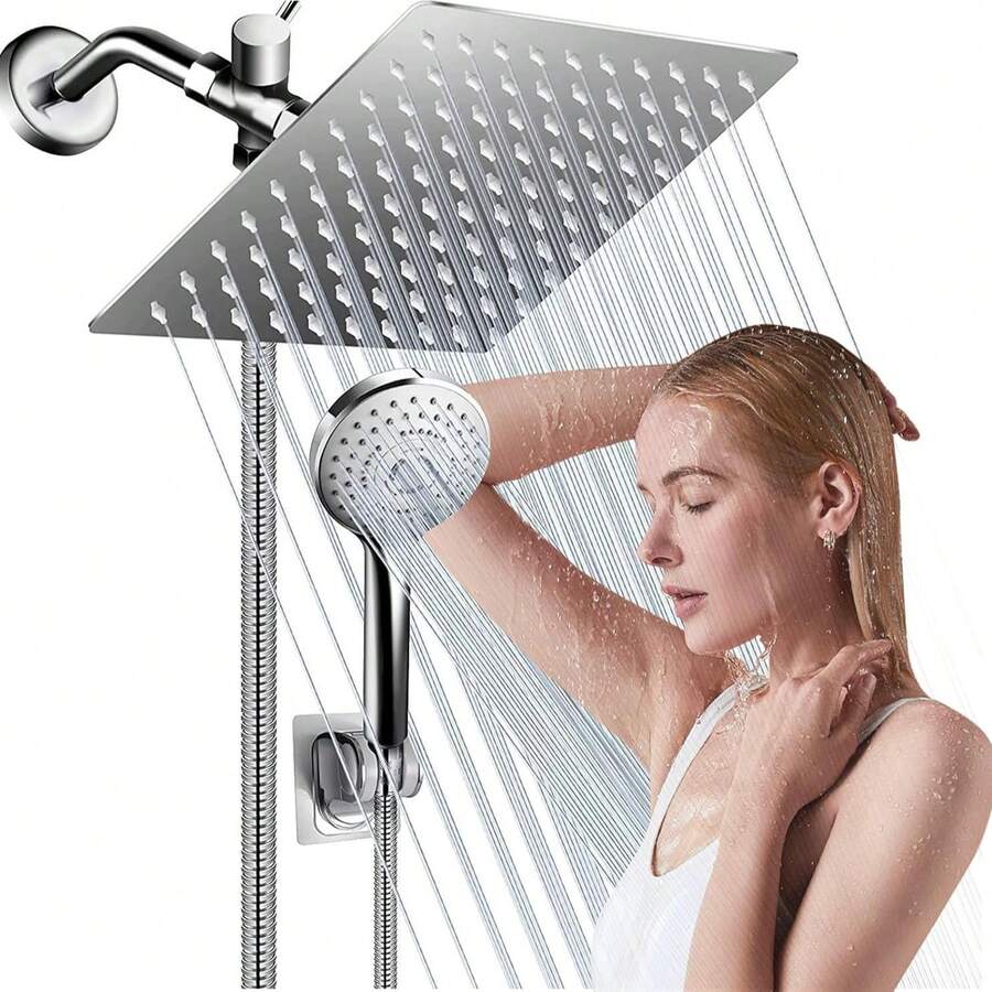 Cabezal de Ducha de lluvia Cuadrado Brazo de Ducha Plegable Ultrafino de 8 Pulgadas Desviador de 3 Velocidades Manguera de 150 cm Rociador de Mano de 5 Funciones Brazo Plegable de Aleación de Zinc Juego de Cabezal de Ducha Cuadrado - Chrome - Ver 1