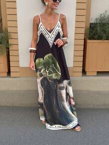1pc Bohemian Casual Backless Embroidered Dress, Woven Fabric, Patterned, For Holiday, Spring/Summer Party Elegant - Multicolor - View 1