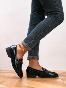 女士乐福鞋，圆头金属扣平底乐福鞋，户外复古女士平底鞋，黑色鞋，女士休闲鞋，布洛克女鞋 - 黑色 - 查看 3