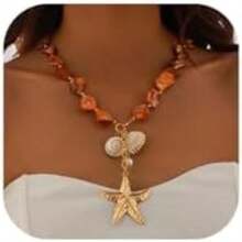 Collar de concha grande de verano con colgante de perlas de estrella de mar, collar de cadena de clavícula, collar de cadena de pecho de oro para mujer, collar de bikini y estrella de mar(Naranja) - Multicolor - Ver 2