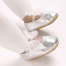Baby Girl PU Dress Flats Soft Soles Dot Print Mesh Bow Mary Jane Shoes Casual Walking Shoes For Newborn Toddler - Bạc - Xem 3