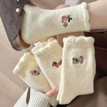 Warm Thermal Lined Embroidered Wool Blend Mid-Calf Socks For Women, Cute Puppy Design Cozy Sleeping Socks, Autumn/Winter - Multicolor - View 1