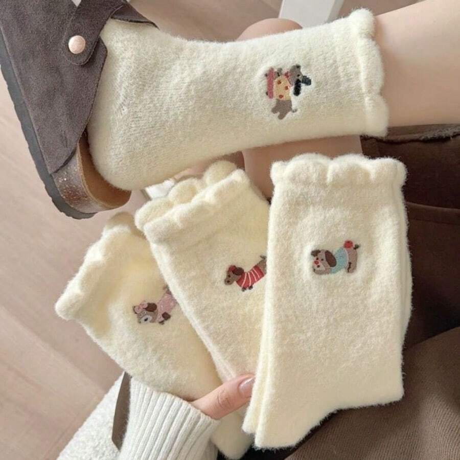 Warm Thermal Lined Embroidered Wool Blend Mid-Calf Socks For Women, Cute Puppy Design Cozy Sleeping Socks, Autumn/Winter - Multicolor - View 1