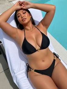 Set Bikini Pelangsing Ukuran Plus Terbaru Warna Hitam & Emas dengan Gesper, Cocok untuk Liburan Pantai Musim Panas dan Santai - Hitam - View 7