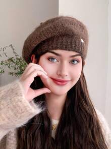 1pc Women's Bow Beret Hat, Casual Warm Knitted Fuzzy Painter Beret Cap, Large Circumference, Versatile, Suitable For Outdoor, Dating, Gathering, Daily Use, Autumn/Winter Autumn Accessories