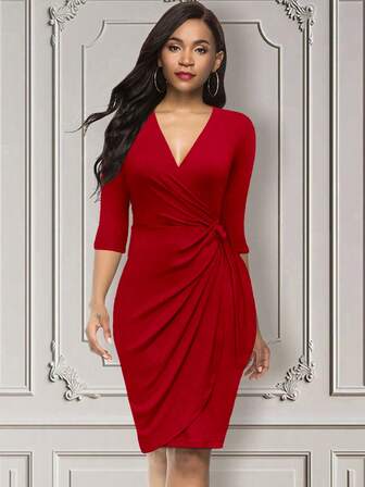 Vestido envolvente elegante, vestido de primavera/verano rojo con escote en V para mujer, vestido de fiesta ajustado de manga 3/4, adecuado para Año Nuevo y Día de San Valentín