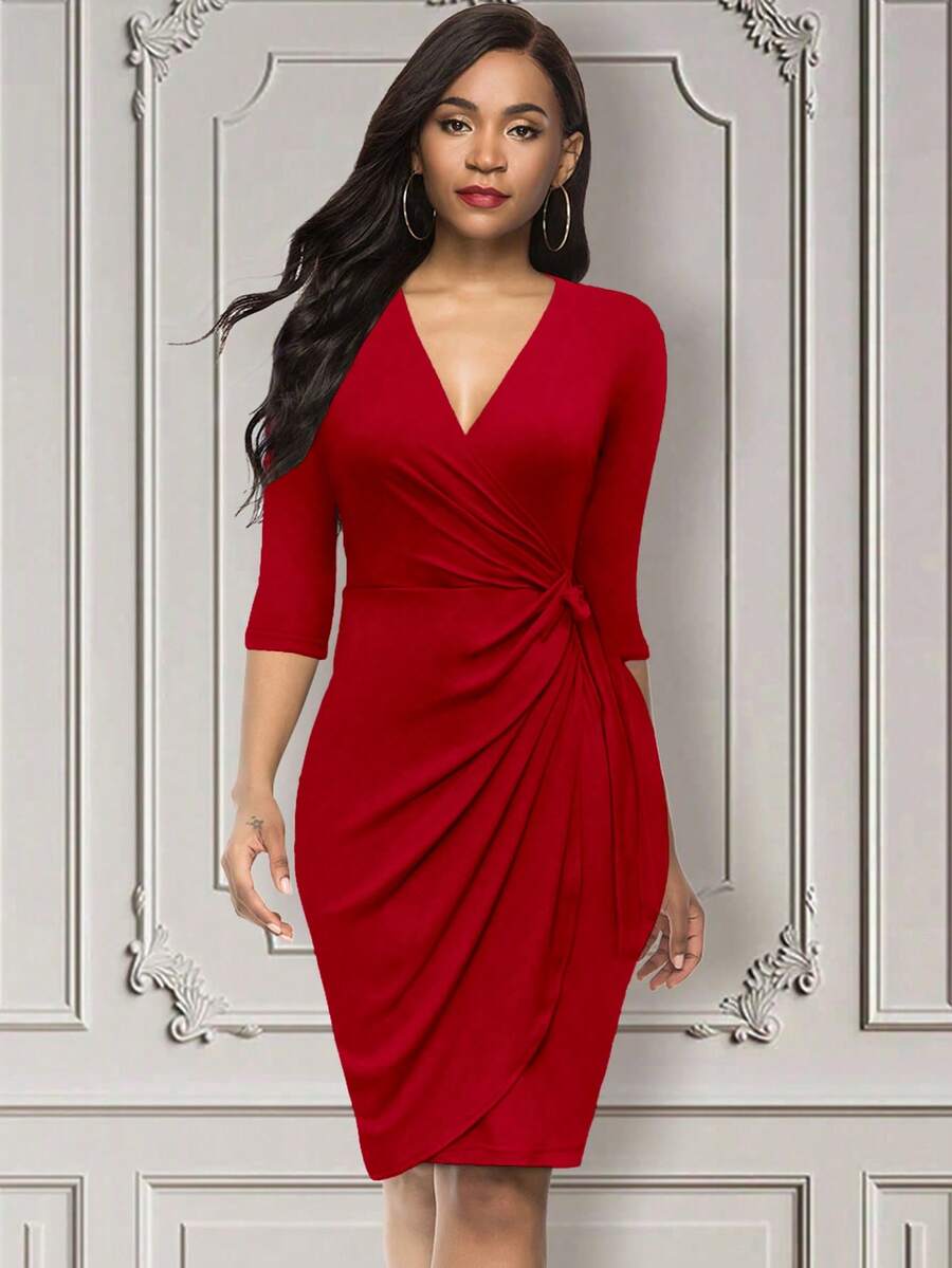 Women's Elegant Wrap Dress, Red V-Neck Summer Dress, 3/4 Sleeve Fitted Party Easter Dress, Wedding Dress Spring - Red - View 1