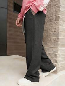 1 件男士抽绳腰宽松阔腿休闲运动裤，秋冬 - 深灰色 - 查看 3