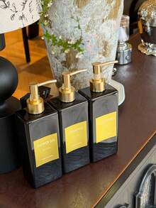 Set de 3 piezas, botellas de plástico recargables negras de 500ml, botellas vacías para champú, gel de baño y acondicionador, incluye 6 etiquetas de clasificación resistentes al agua - Negro - Ver 9