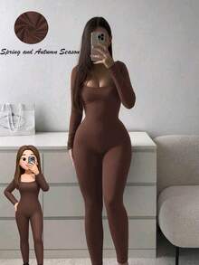 Black U-Shaped Neck And Long Sleeve Jumpsuit Suitable For Spring And Autumn - Brown - View 3