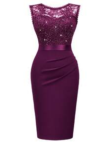 MIUSOL Classic Sequin Floral Lace Round Neck Sleeveless Cocktail Party Fitted Dress - 紫紅色 - 查看 7