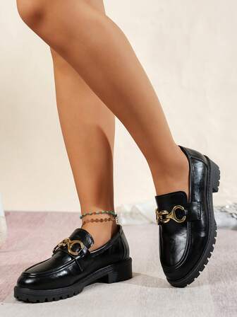 Women's Vintage Metal Chain Decor Loafers, New Style Black Leather Shoes, Spring/Autumn