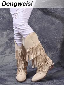 Beige Three-Layer Fringe Slip-On Chunky Low Heel Round Toe New Elegant Versatile Commute Daily Fashion Mid-Calf Boots, Western Boots - Beige - View 3