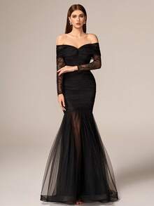 VIPGIRL 优雅奢华黑色长袖露肩多层网纱正式晚礼服，喇叭裙摆连衣裙，适合婚礼、春季派对 - 黑色 - 查看 1