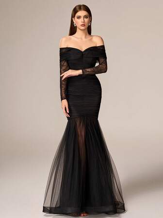 VIPGIRL שמלת ערב רשמי שחורה יוקרתית ואלגנטית עם שרוולים ארוכים, כתפיים פתוחות, רשת שכבות, חצאית מתרחבת