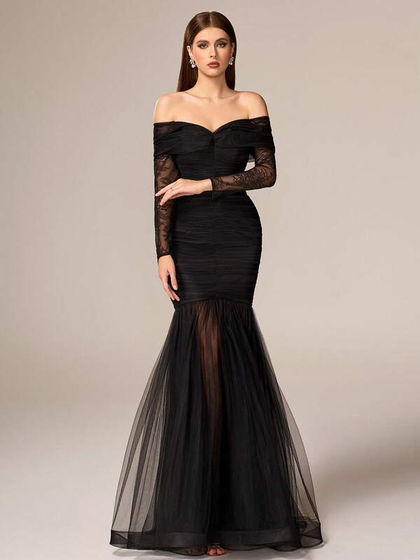 VIPGIRL Elegante y lujoso vestido de noche formal para mujer con mangas largas, hombros descubiertos, tela de malla con volantes y bajo acampanado en color negro