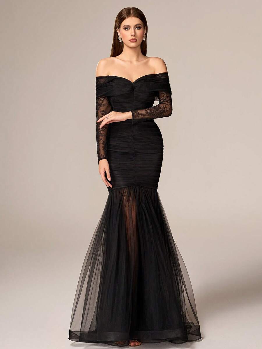 VIPGIRL 优雅奢华黑色长袖露肩多层网纱正式晚礼服，喇叭裙摆连衣裙，适合婚礼、春季派对 - 黑色 - 查看 1