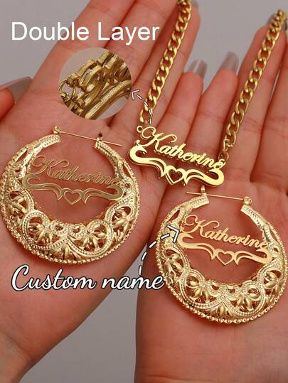 Women's Custom Name Bamboo Earrings Classic Exaggerated Personalized Large Round Earrings Stainless Steel Men's 5mm Cuban Chain Thick Chain Heart-Shaped Pendant Couple Jewelry Set Family Christmas Gift