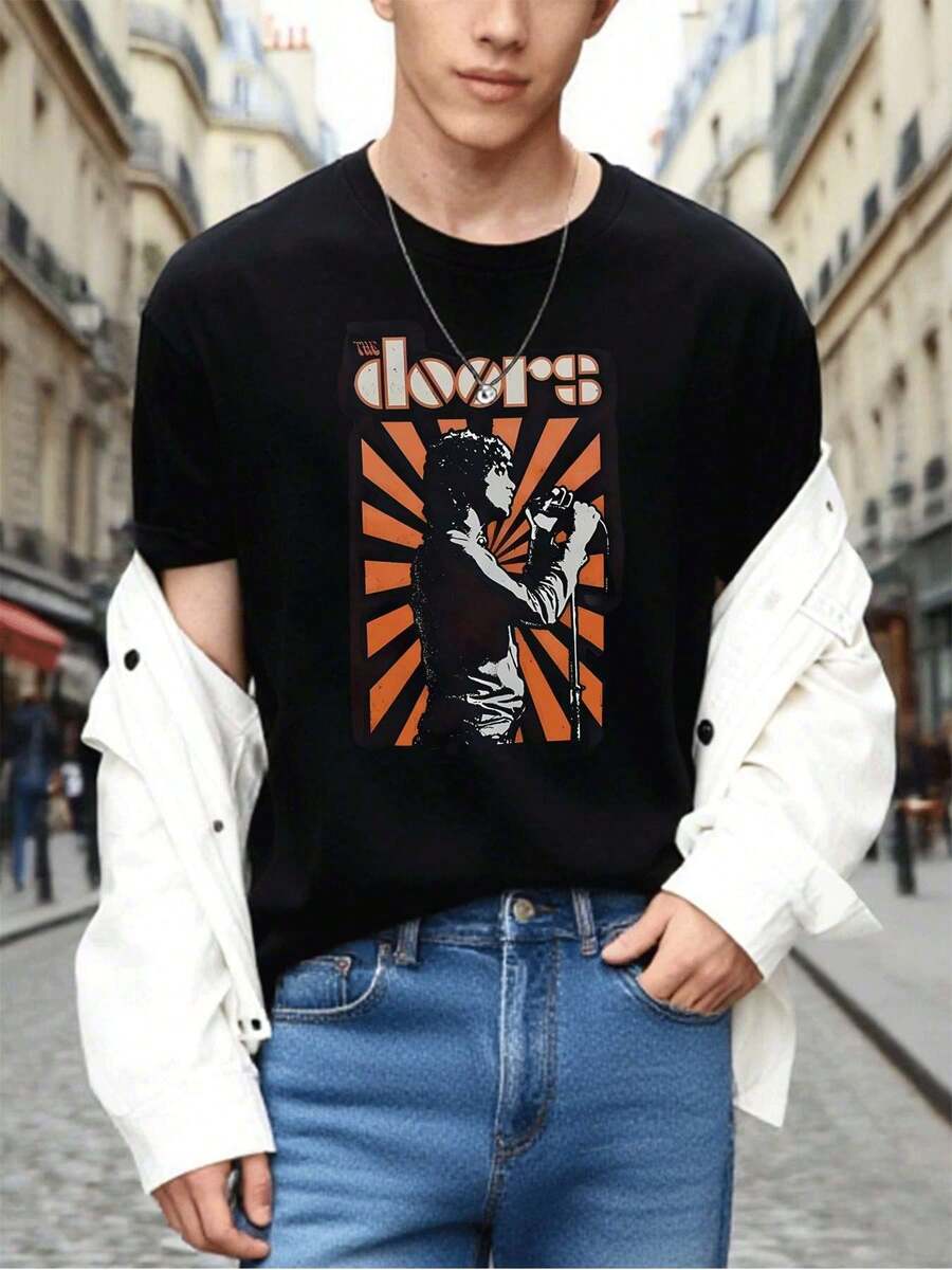 Camiseta de Doors Band, tela de calidad, ajuste cómodo, informal, estampado gráfico único. - Negro - Ver 1