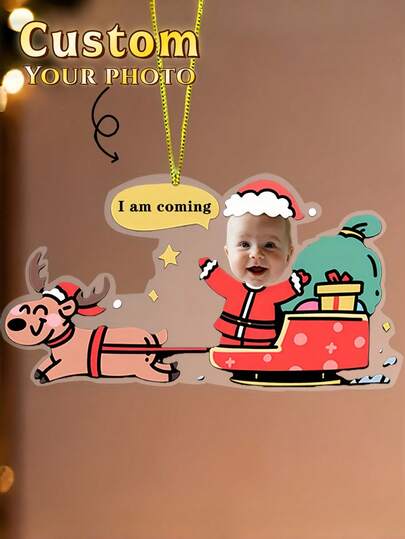 1pc Custom Christmas Acrylic Ornament, Personalized With Your Photo, Elegant Transparent Design With Festive Details, Ideal For Decorating Christmas Trees, Gift Wrapping, Or Holiday Displays - Create A Unique Keepsake To Celebrate The Season