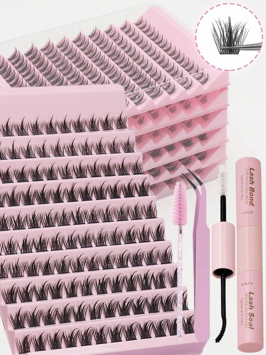 Ayrmilla 120簇单簇混合假睫毛，美观舒适，防水耐用，结实牢固，透明无刺激，是理想的化妆工具。日常工作会议必备，自然逼真，蓬松柔软，3D水貂毛质感，套装包含胶水、镊子和睫毛刷。 - 黑色 - 查看 1