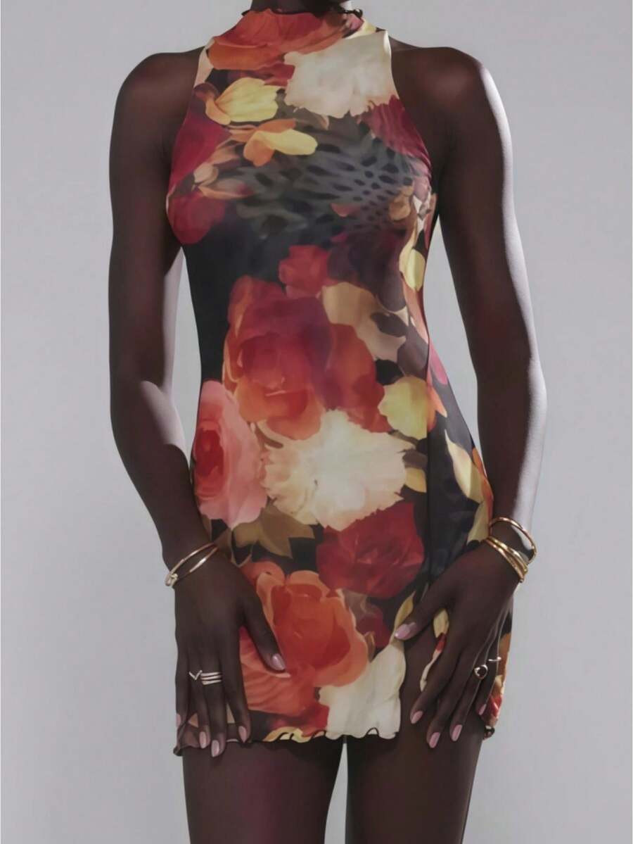 Women's High Neck Sleeveless Dress Stylish Dot/Solid/Floral Print Slit Hem Bodycon Mini Dress - 亮橙色 - 查看 1