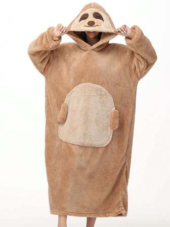 Cute Sloth Long Sleeve Hooded Wearable Blanket, Women's Winter Hooded Loungewear Long Robe, Thick Animal Themed Party Costume Robe