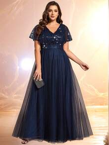 大码亮片拼接荷叶袖网纱正式礼服，优雅舞会礼服，藏蓝色晚礼服，适合春夏婚礼宾客、情人节宴会派对穿着 - 藏蓝色 - 查看 9