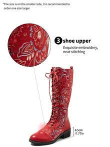 秋冬女士花卉刺绣中筒靴，时尚系带侧拉链粗跟圆头舒适防滑连衣裙靴，西部风格，圣诞装扮 - 紅色 - 查看 9
