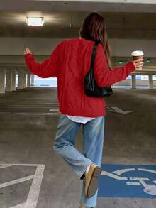 FOR BEAUTY 秋冬新款圆领扭结印花长袖针织衫，女士宽松酒红色简约时尚通勤套头衫，酒红色长袖休闲宽松保暖上衣，新年