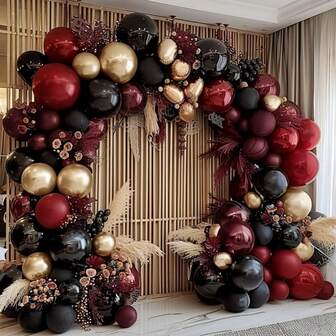 100pcs Burgundy, Black, Gold Balloon Garland Kit With Double-Stuffed Deep Red, Gold, Chestnut, Black Balloons, Suitable For Boys, Girls, Kids, Boy, Girl Birthday, Christmas, New Year, Anniversary, Baby Shower, Party Decoration